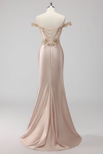 Sparkly Champagne Off the Spalla Corsetto Appliqued Abito da Cerimonia con fessura